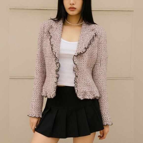Vintage Y2K BIGIO Women's Pink Tweed Ruffle Snap Button Blazer Jacket sz 12 USA - Picture 1 of 6